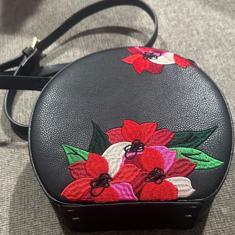Zara Black Crossbody Bag with Red and Pink Floral Design